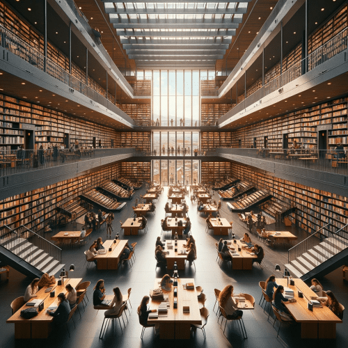 DALL·E 2023 11 23 02.55.03 Imagen interior de la Biblioteca Luis Angel Arango en Bogota destacando su espacioso y moderno diseno. La foto muestra estanterias llenas de libros 8fcbade2