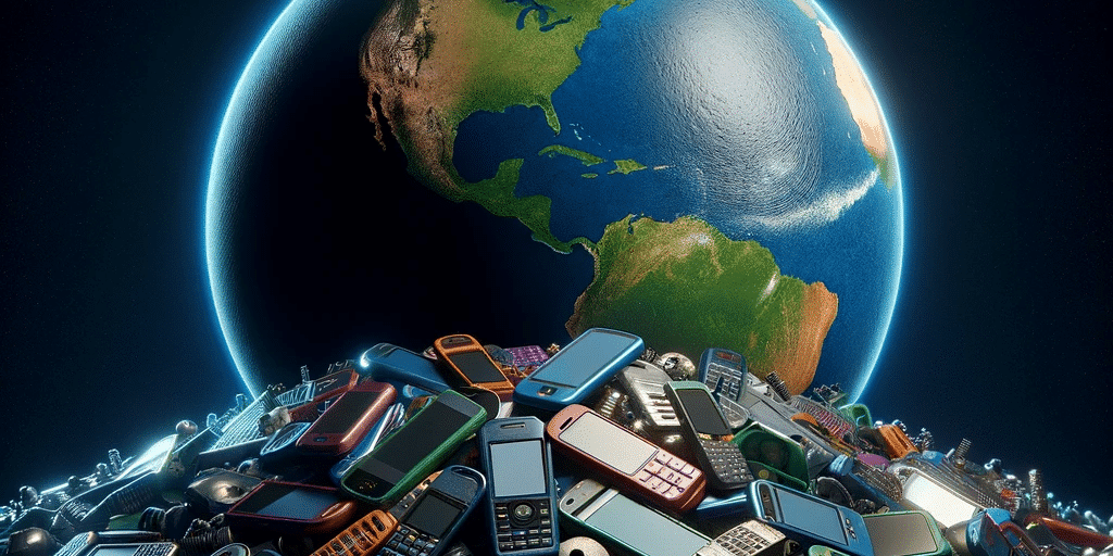 DALL·E 2023 11 27 02.03.41 Una imagen representando el reciclaje de celulares usados mostrando un monton de celulares viejos siendo clasificados para su reutilizacion o recicla 2da6b31e